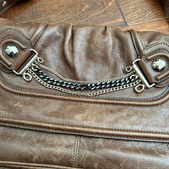 Guess Marciano Cassie Chocolate Leather Shoulder Bag with Chain Detail - Picture 12 of 13